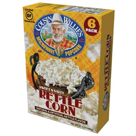 Cousin willie's popcorn - Cousin Willie's Sweet & Salty Kettle Corn Microwave Popcorn. 3 ct / 8.7 oz. 4 For $5.00. View Offer. Sign In to Add. $125 $2.49. SNAP EBT. Cousin Willie's® Buttery Explosion Movie Theater Extra Butter Popcorn. 8.7 oz.